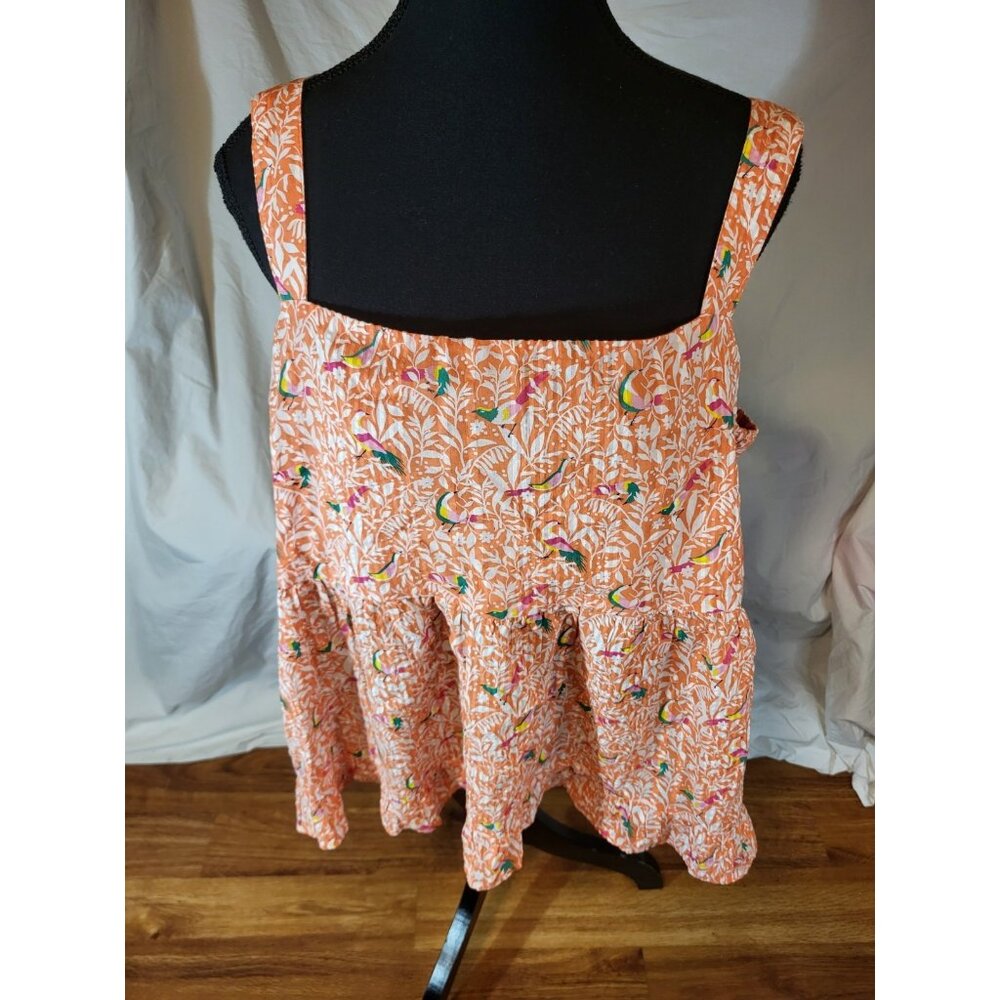 LOFT Womens Size 18 Orange White Branch Bird Print Tie Back Cotton‎ Tank NWT